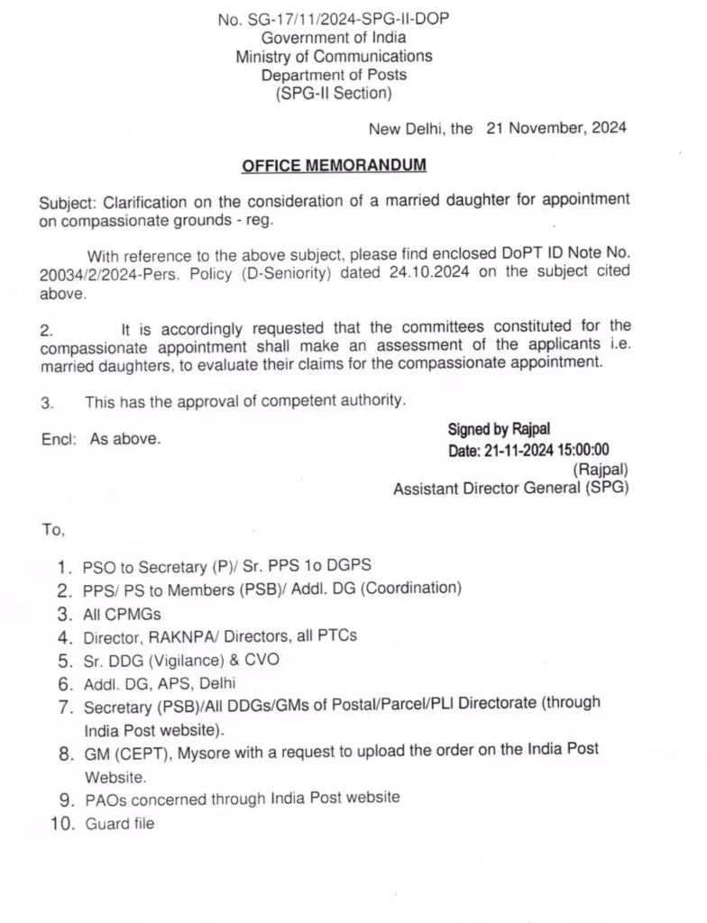 Clarification on the Consideration of Married Daughters for Compassionate Appointment in India Post with PDF