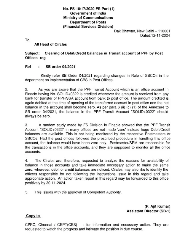 Clearing Debit/Credit Balances in PPF Transit Account order by post office